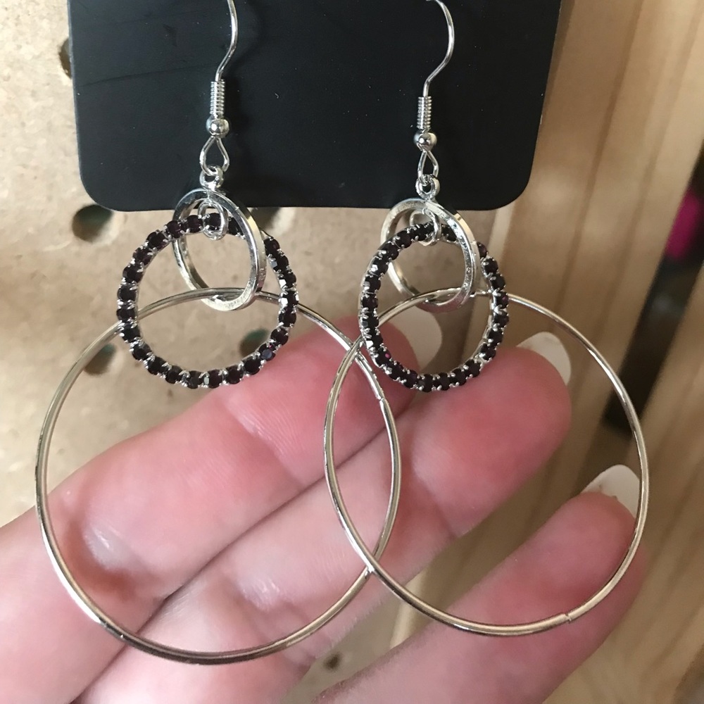 Silver loop earrings w/tiny PURPLE rhinestones,